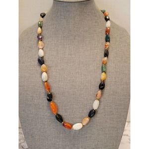 Vintage Natural Stone Necklace Multi- Colored Polished Agate, Quartz, Etc. 30"